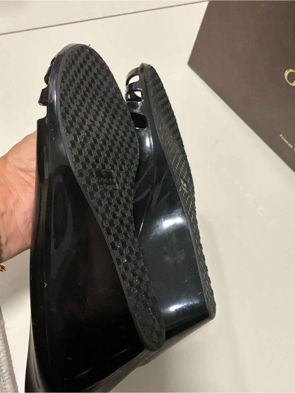 Gucci Marola Black Jelly GG Peep Toe Wedge Sandals Size 38 US 8 Like New Box - Picture 8 of 17